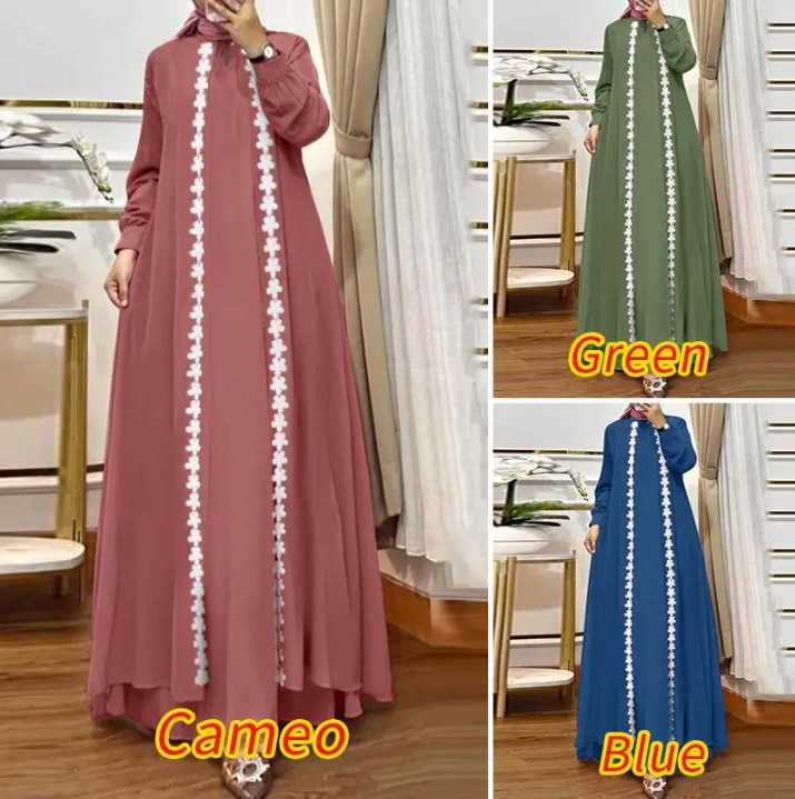 In-stock 2025 new style Middle Eastern Muslim fashion and elegance solid color loose long-sleeved lace cardigan robe dress pic 1