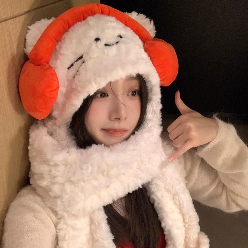 Cute cartoon headphones, kitten fur hat, thickened warm hat and scarf for women in autumn and winter, ear-protecting Lei Feng hat Application Scenario