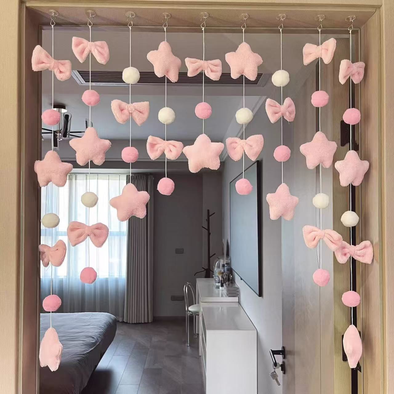 The pink planet door curtain hanging decoration is cute and girlish, with a high level of appearance. It is a female curtain wall decoration that does not require drilling Item Picture