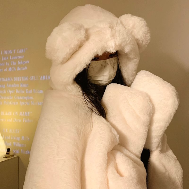 Little bear plush blanket, women's winter thickened warm cape blanket, nap office lazy person's shawl, hooded cape Specification drawing
