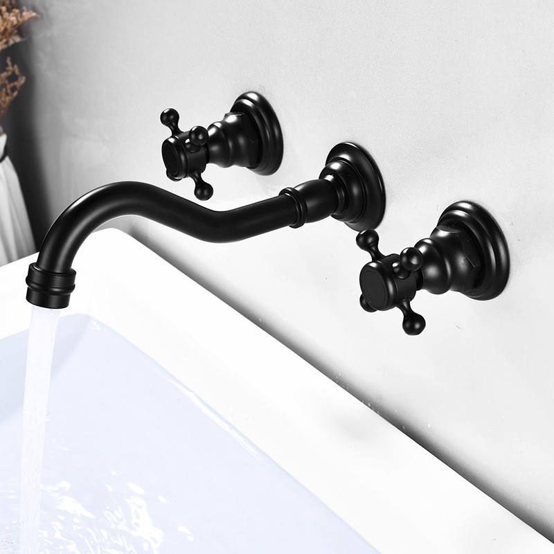 Concealed wall-mounted washbasin faucet, black all-copper built-in cold and hot washbasin countertop faucet details Picture