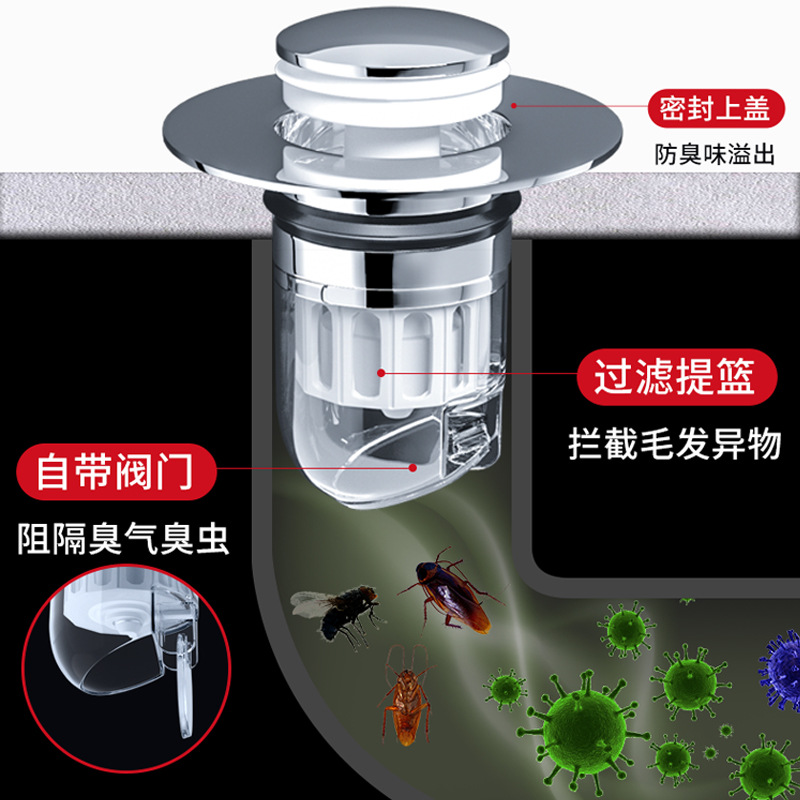 Washbasin face sink leak plug, washbasin bounce core drain, universal accessory, press-type anti-odor return little treasure details Picture