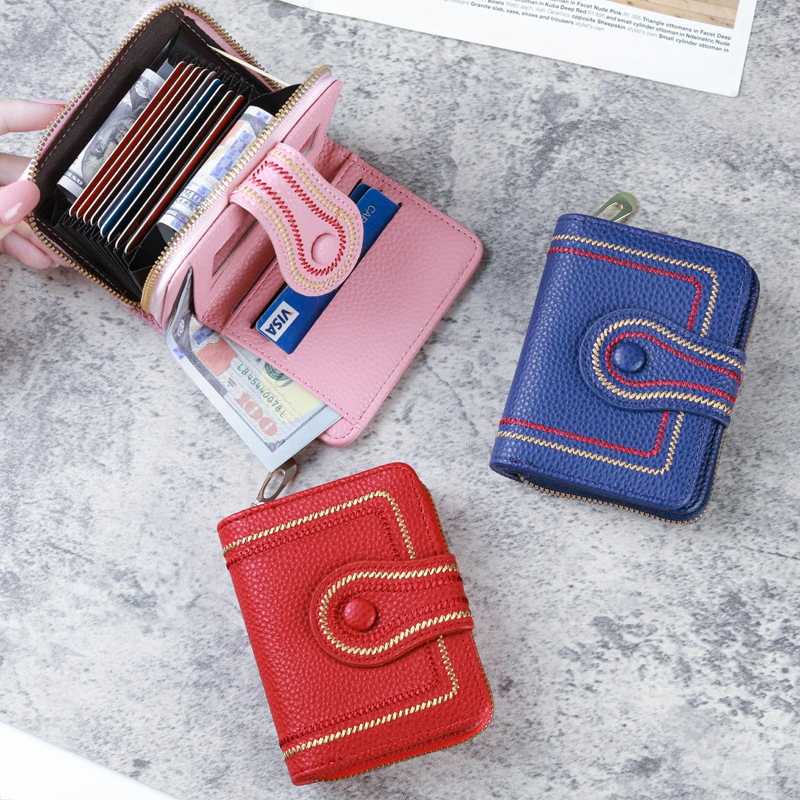 New Korean-style ladies' short bag, zipper buckle wallet, lychee tattoo flower, solid color coin purse, ID card case details Picture