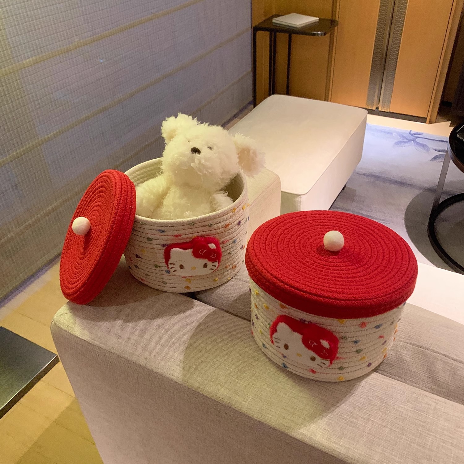 Cute cat cotton rope storage basket, woven large-capacity desktop dust-proof covered storage bucket, miscellaneous storage basket for home use Specification drawing