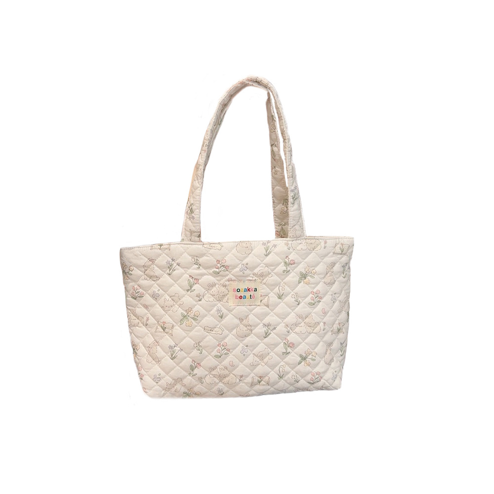 4362 Quilted cotton-padded large-capacity single-shoulder tote bag, hand-held commuter bag, new spring student class bag for women Item Picture