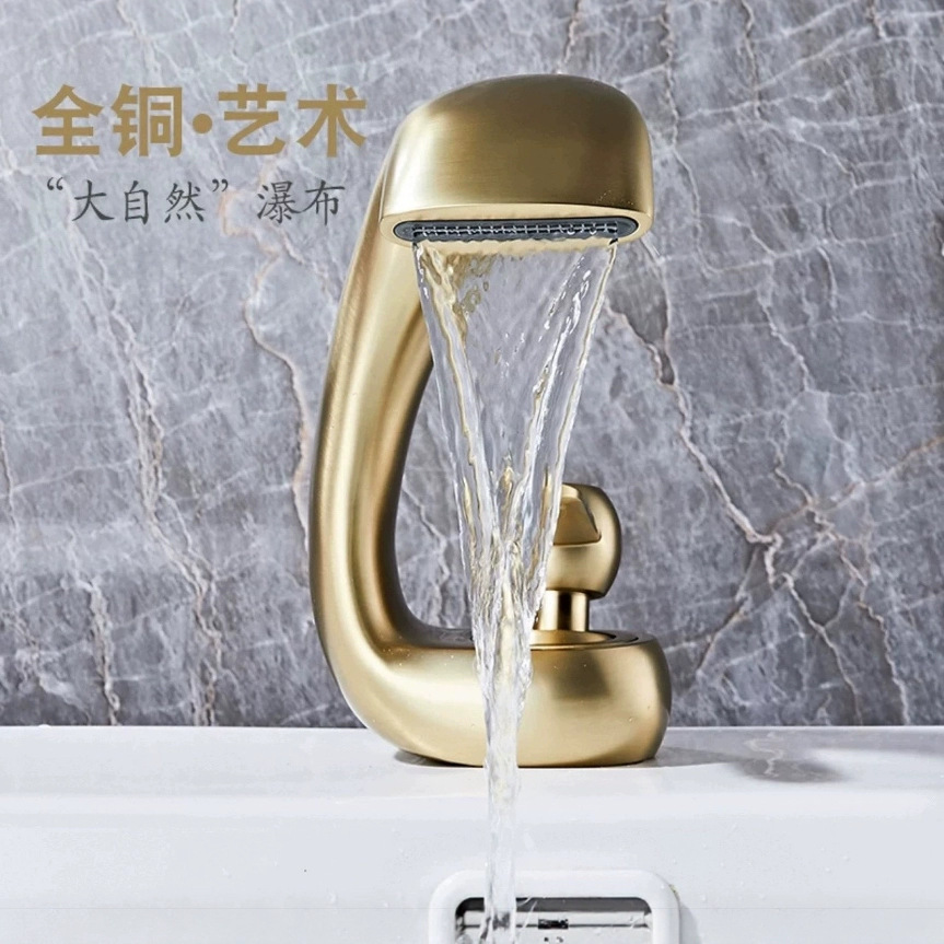 Creative waterfall-style washbasin faucet under-sink cold and hot bathroom cabinet, all-copper washbasin faucet for household use Application Scenario