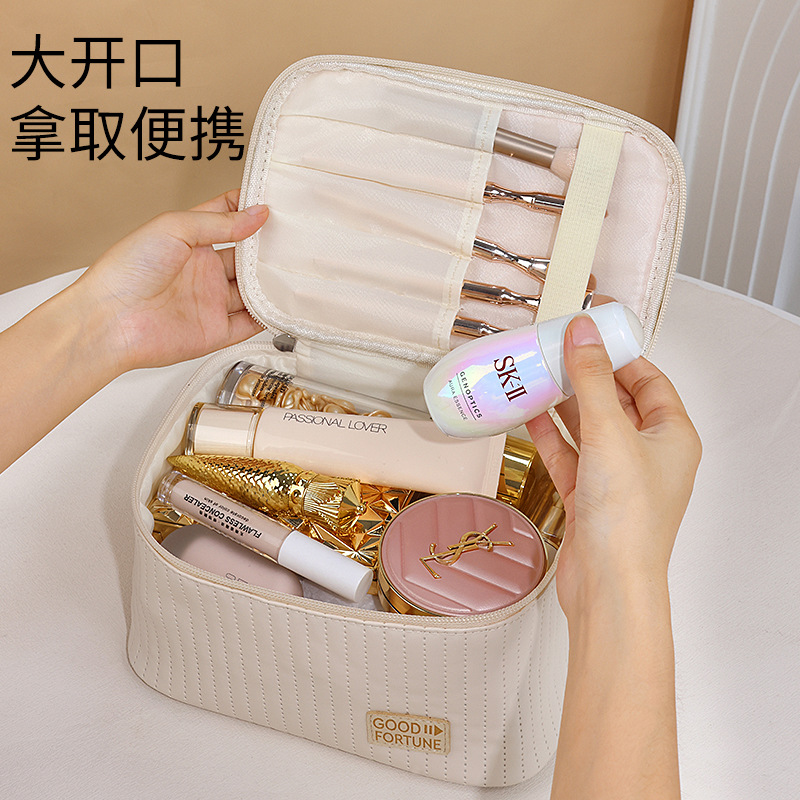 Open-lid cake makeup bag, PU solid color hand-held toiletry bag, cosmetics storage bag, makeup bag, large capacity, high-end feel Specification drawing