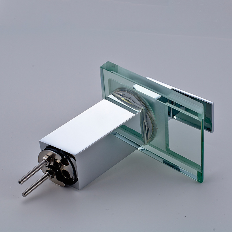 Temperature-controlled three-color LED illuminated glass faucet, square waterfall washbasin, countertop basin, cold and hot water faucet manufacturer details Picture