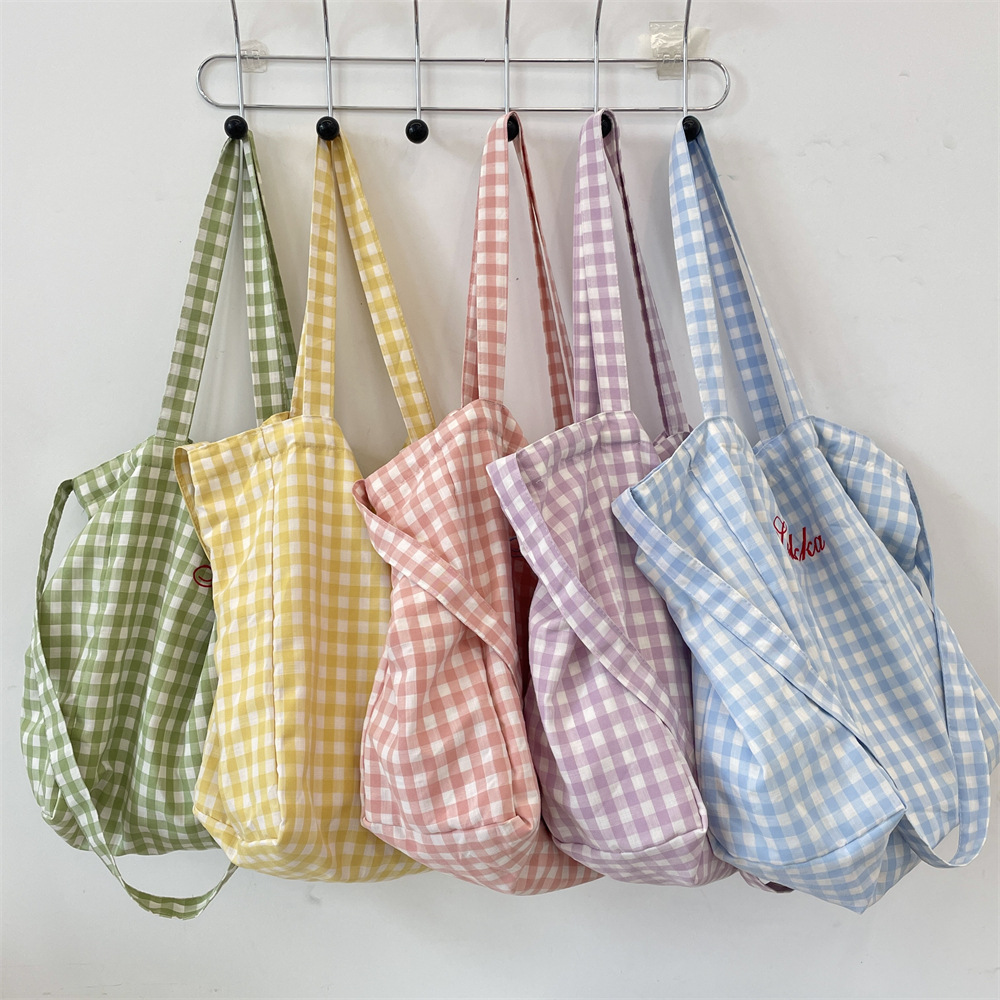 5494 Sweet Checkered Fabric Bag 2025 New Style laid-back large-capacity student class single-shoulder crossbody tote bag full figure