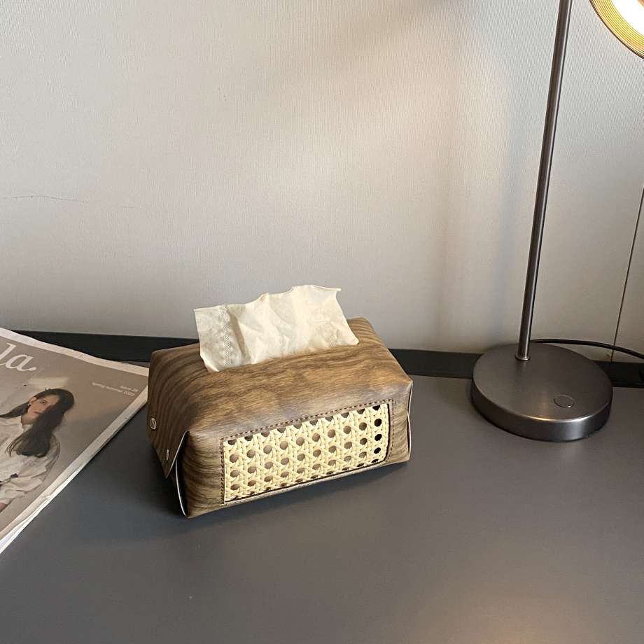 Cross-border Amazon bedroom and living room tissue box, modern and simple woven hollowed-out leather tissue box, wood grain tissue box detail image 13
