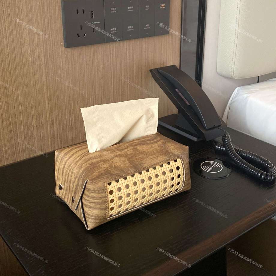 Cross-border Amazon bedroom and living room tissue box, modern and simple woven hollowed-out leather tissue box, wood grain tissue box detail image 11