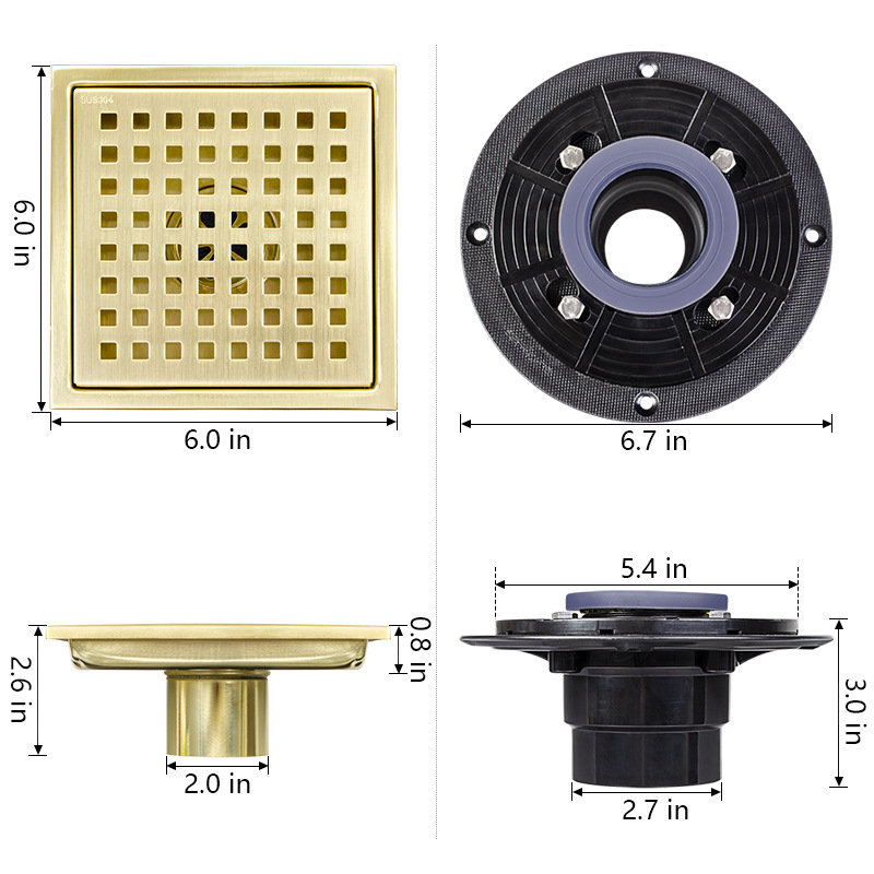 Cross-border Amazon 304 stainless steel American-style floor drain deodorizing wonder, grid mesh invisible belt flange, 4in6 inches Specification drawing
