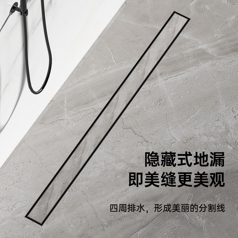Cross-border black 304 stainless steel invisible rectangular floor drain, bathroom shower room extended floor drain with copper anti-odor core full figure