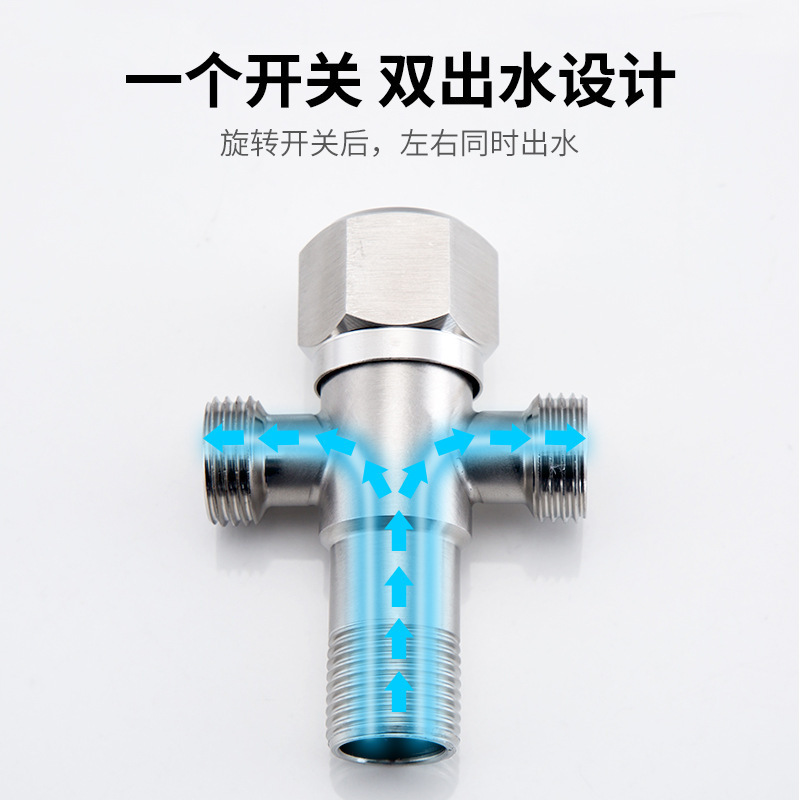 Wholesale 304 stainless steel double outlet Angle valve, toilet three-way Angle valve, bathroom water stop, one inlet and two outlets Angle valve Specification drawing