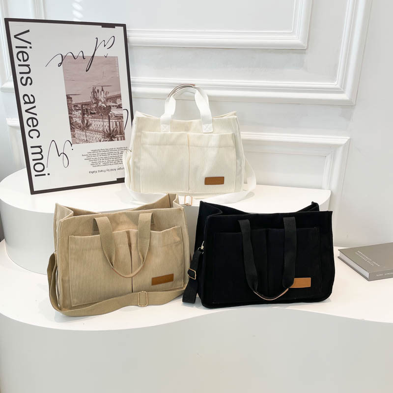 Tote bag, women's large-capacity fashionable corduroy single-shoulder bag, casual retro simple handbag, crossbody bag, commuting bag full figure