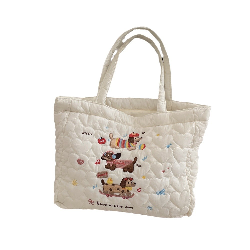 49243 Autumn and winter quilted and cotton-padded, cute puppy embroidery, handbag, shopping bag, bento bag, tote bag for women Item Picture