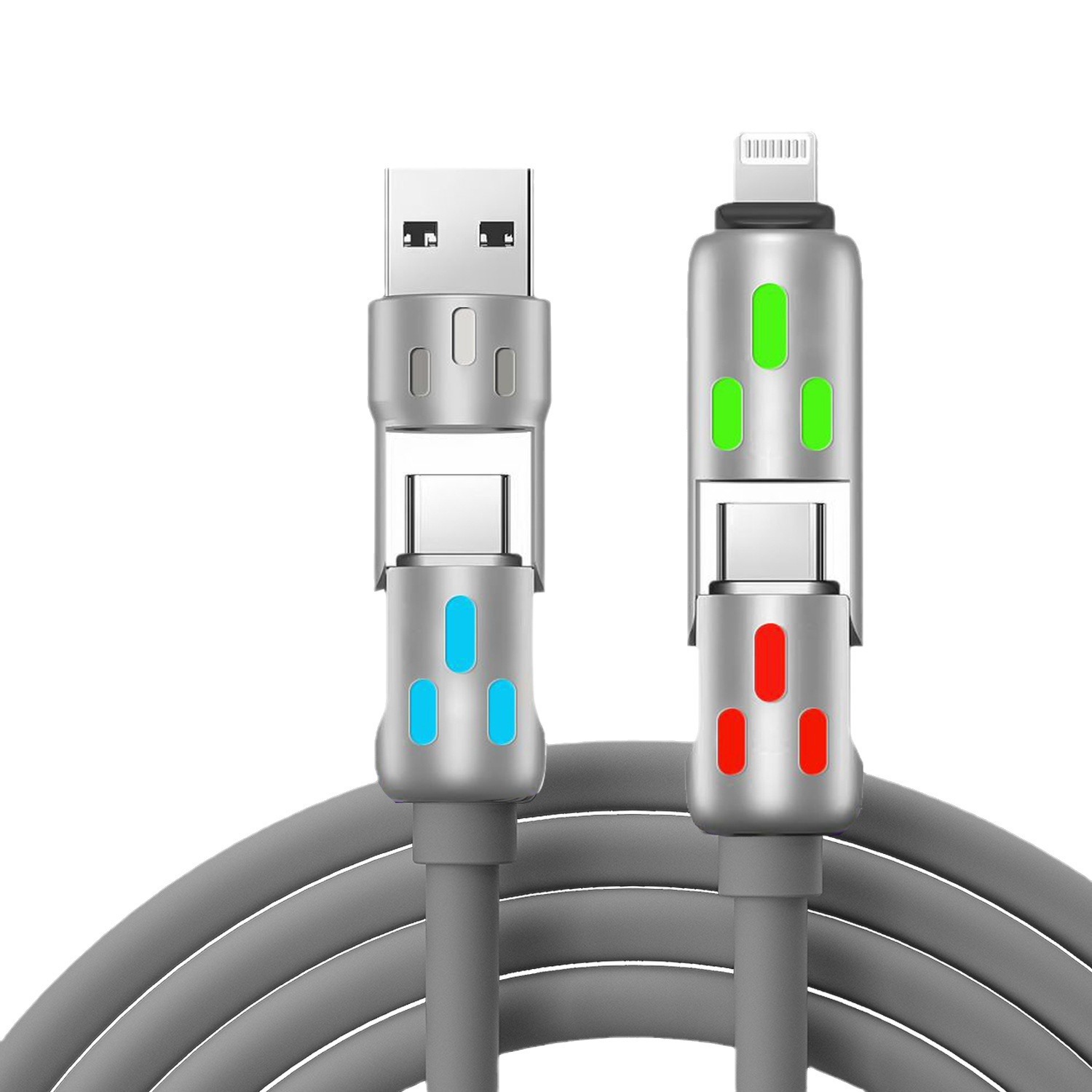 240W four-in-one seven-color breathing light data cable, two-in-one silicone fast-charging cable, compatible with multiple mobile devices Item Picture