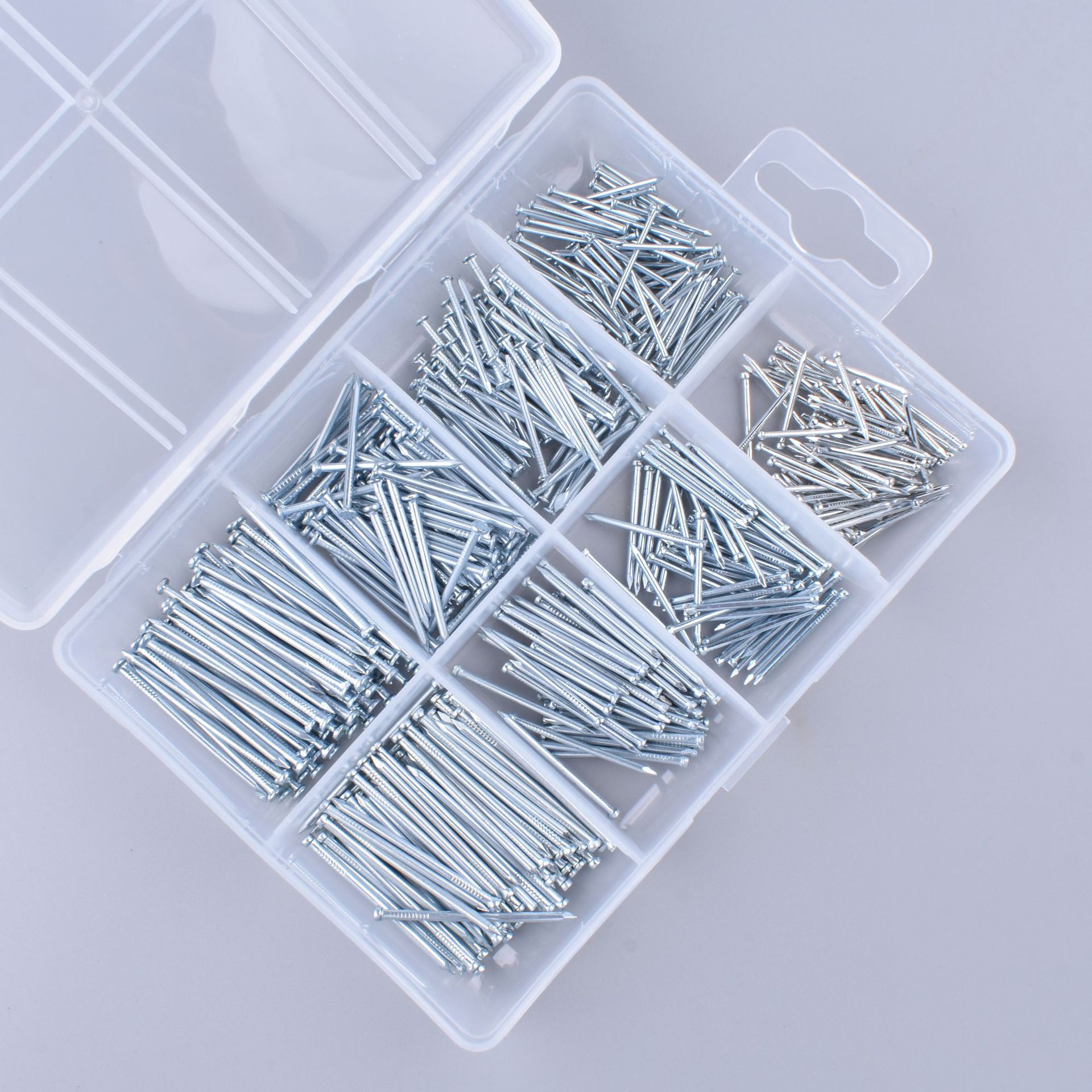 Galvanized iron nail headless set 560pcs household galvanized flat-head nail eco-friendly PP plastic box combination Specification drawing