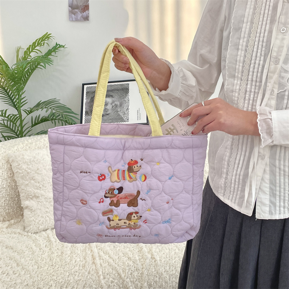 49243 Autumn and winter quilted and cotton-padded, cute puppy embroidery, handbag, shopping bag, bento bag, tote bag for women details Picture