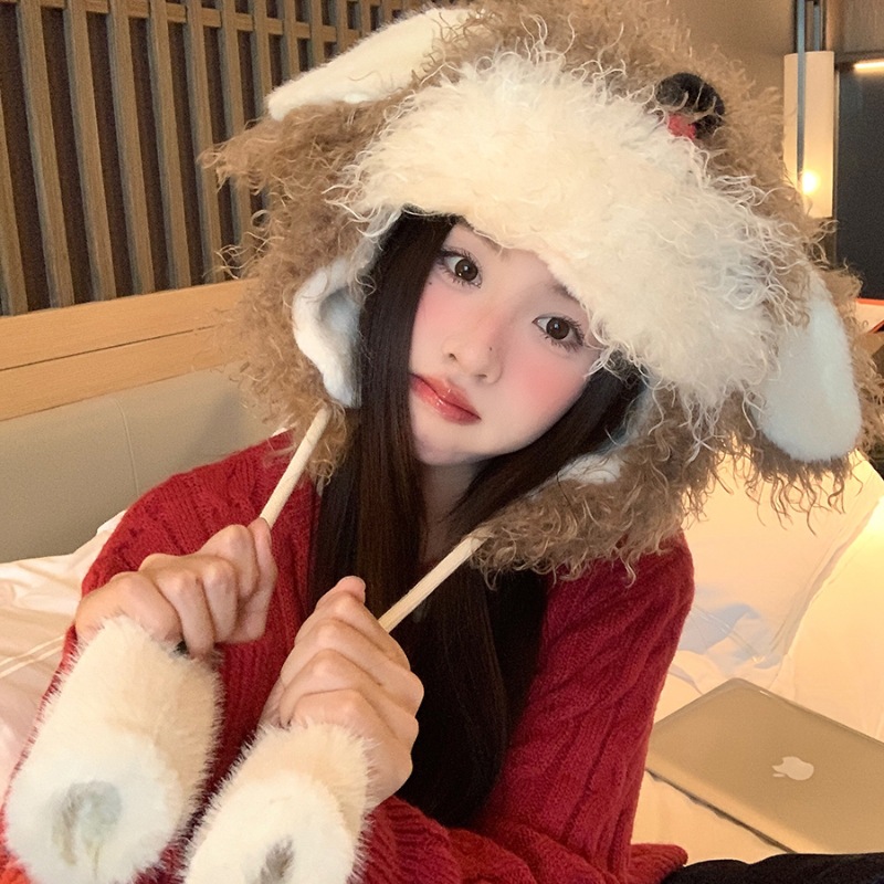 Cute furry little dog plush ear-protecting hat for girls 2024 autumn and winter thickened warm pile-up student cartoon Lei Feng hat details Picture