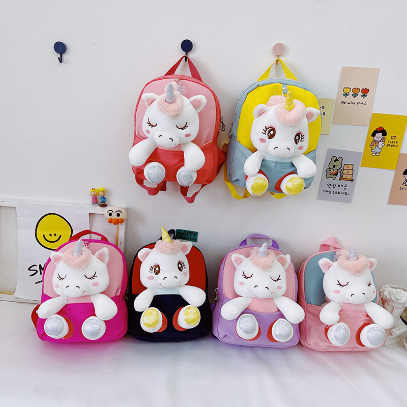 3D stereoscopic unicorn fleece toy backpack, cute cartoon schoolbag for kindergarten, lightweight backpack full figure