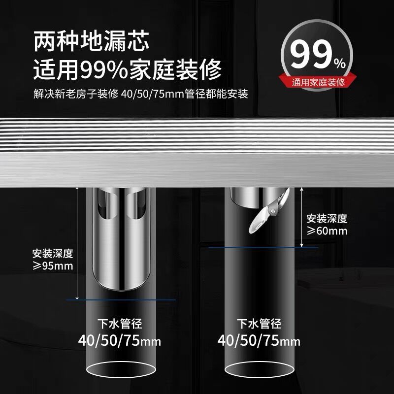 304 stainless steel floor drain, bathroom sewer deodorizer, invisible long strip, shower room, washing machine, large capacity Application Scenario