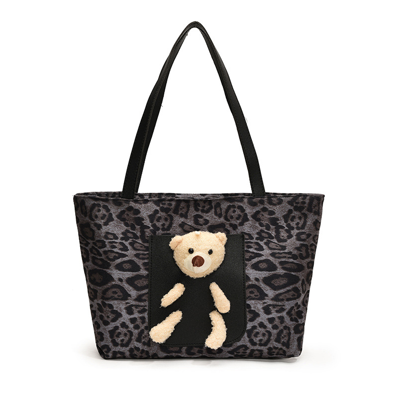 Cross-border leopard print canvas bag for women, large capacity 2024 new autumn and winter versatile casual single-shoulder shopping bag tote bag Item Picture