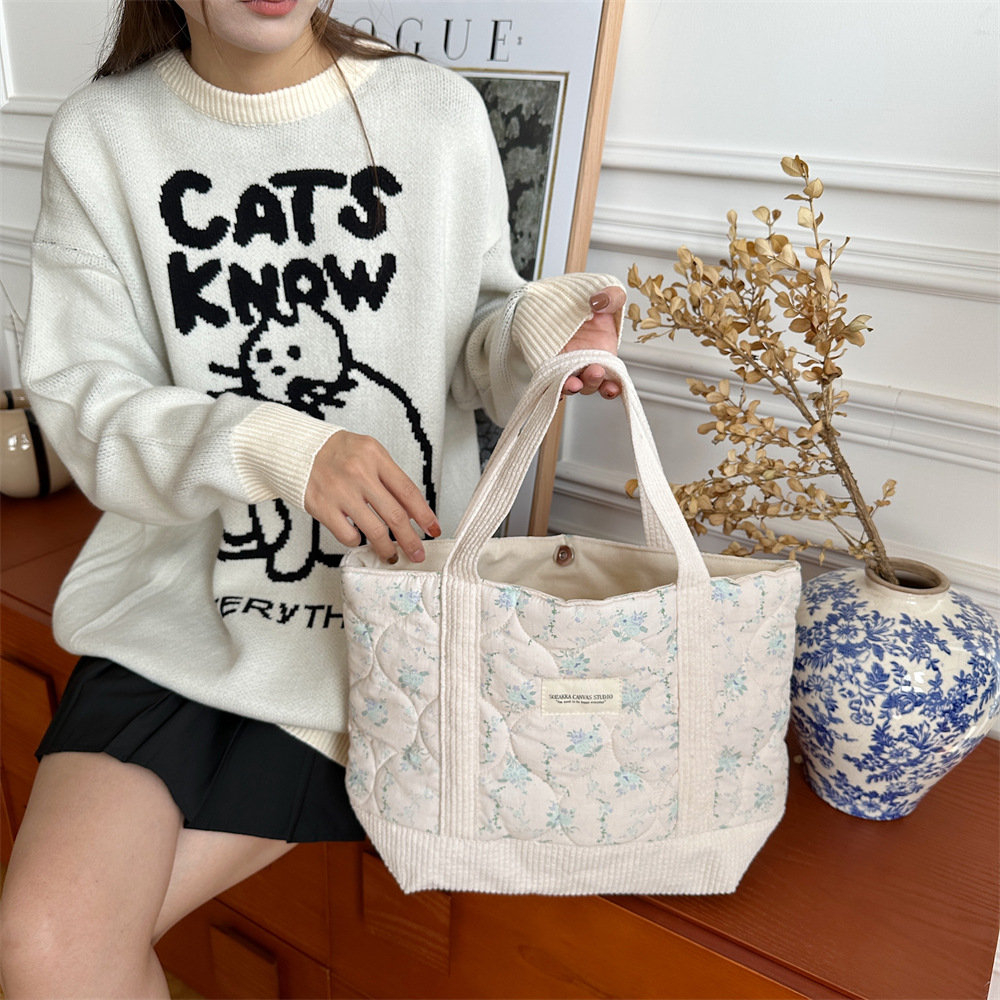 310263 Korean niche canvas bag, floral interlocking cotton casual handbag, commuting storage bag, shopping bag Specification drawing