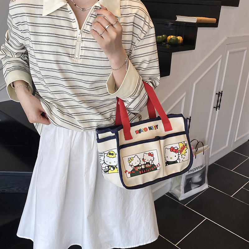 Canvas bag for girls 2024, high appearance level, cartoon hand-held bag, bento bag, large capacity, multi-functional mommy handbag for going out Specification drawing