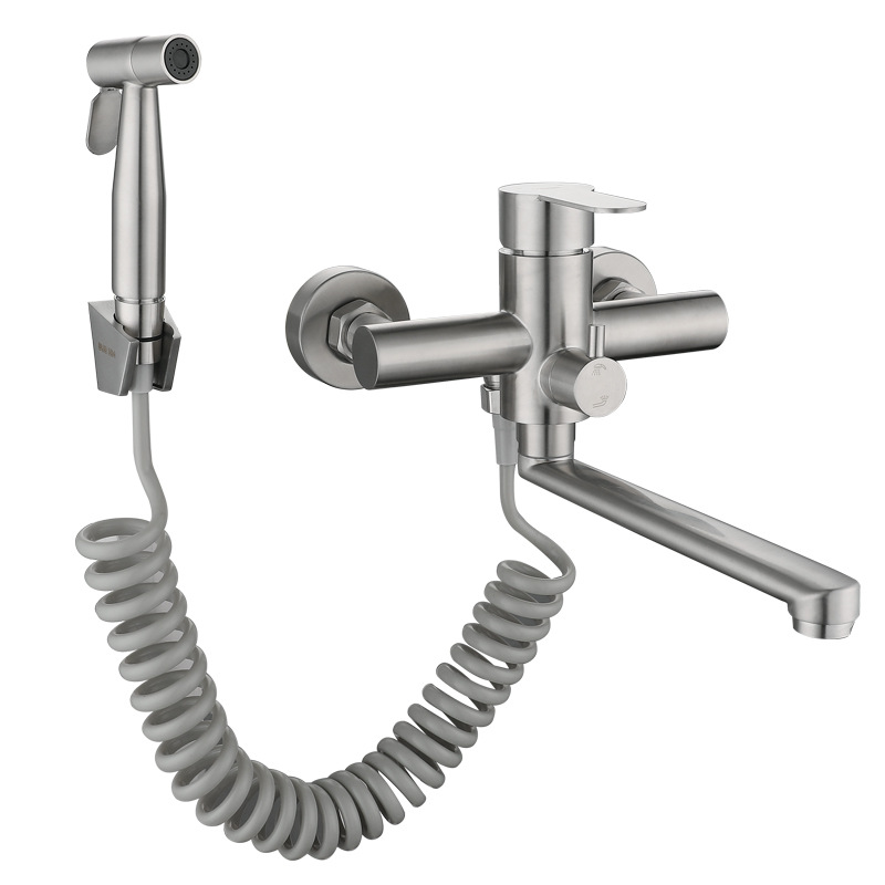 Wall-mounted cold faucet, kitchen sink, balcony laundry basin, 304 stainless steel pull-out belt with spray gun sink Item Picture