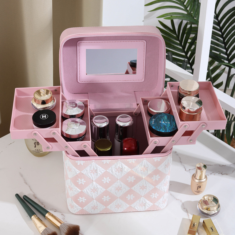 Ins-style makeup bag, large-capacity portable travel cosmetics storage bag, hand-held with mirror, square makeup box full figure
