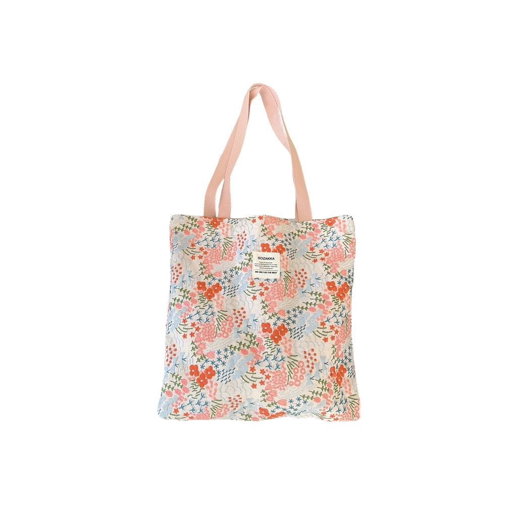 43204 Fresh and delicate embroidered floral canvas bag, large capacity open single-shoulder bag, women's shopping tote bag Item Picture