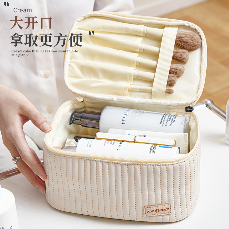 Large-capacity open-lid cake makeup bag, pu hand-held waterproof storage bag, high appearance level, portable for outdoor washing, grooming and makeup bag details Picture