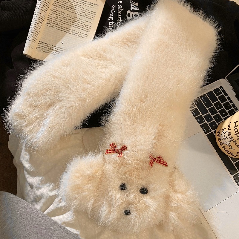 Bowknot puppy plush scarf for women, thick and warm neck scarf for autumn and winter, protecting the neck from wind and cold, cross neck collar for women details Picture