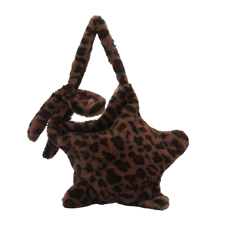 The new women's single-shoulder bag for the autumn and winter of 2024 is a niche plush five-pointed star trendy and versatile leopard print single-shoulder crossbody bag Item Picture