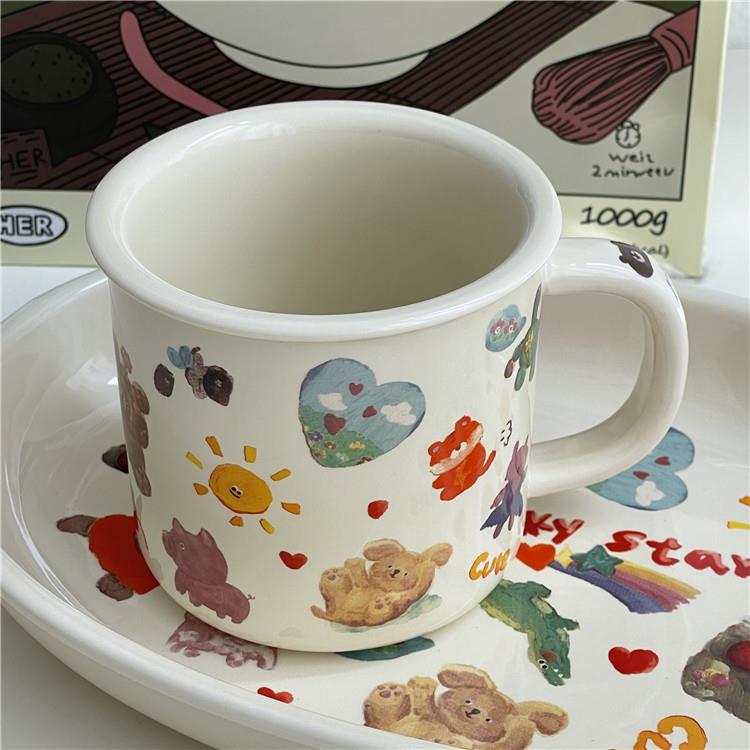Korean-style ins cute and playful tableware, girls' cream graffiti ceramic plates, dessert bowls, breakfast milk cups tableware Item Picture