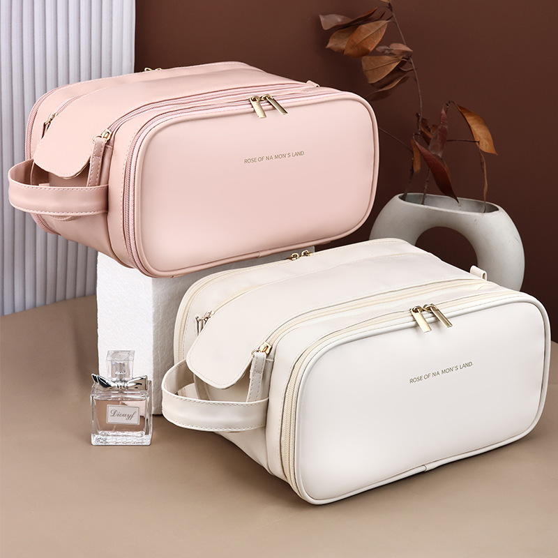 Double-zipper portable makeup bag with a high-end feel and high appearance level. New PU three-layer travel cosmetic storage bag full figure