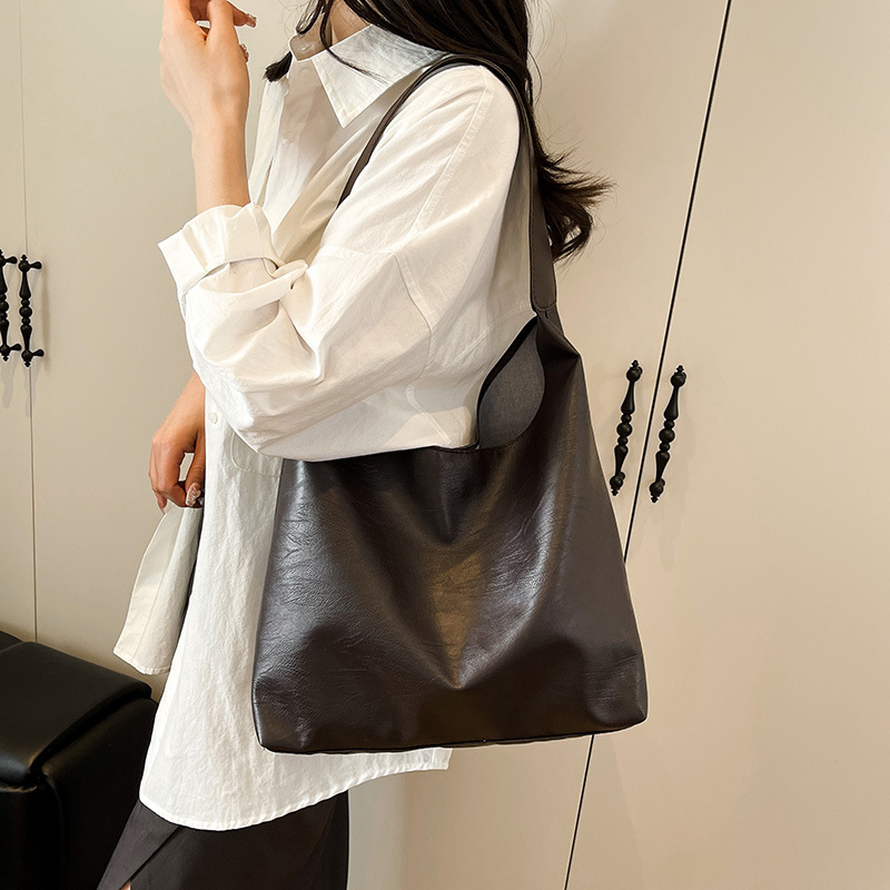Cross-border single-shoulder bag, Korean version PU simple handbag, new large-capacity, texture, solid color commuter tote bag Specification drawing