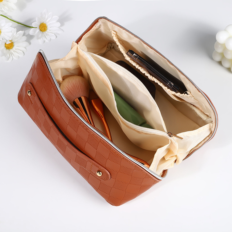Ladies' PU leather simple checkered hand-held portable waterproof storage bag, large-capacity travel toiletries storage bag Specification drawing