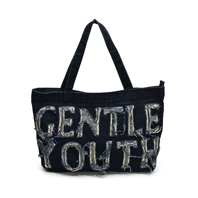 New retro denim bag, women's street casual washed canvas single-shoulder bag, student Korean-style artistic tote bag Item Picture