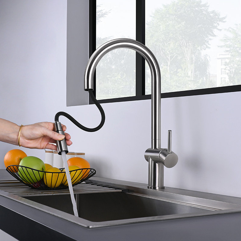 Foreign trade cross-border SUS304 stainless steel brushed pull-out faucet, household cold and hot telescopic sink, kitchen faucet details Picture