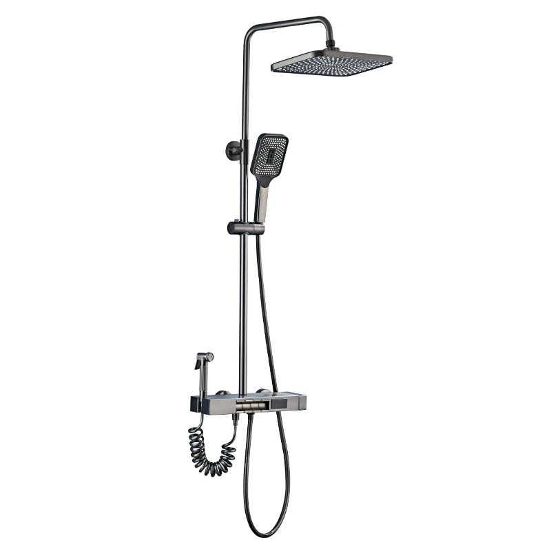 Bathroom: All-copper smart ambient light, constant temperature digital display, pressurized piano, shower head set, rain shower, home bathroom, gray Item Picture