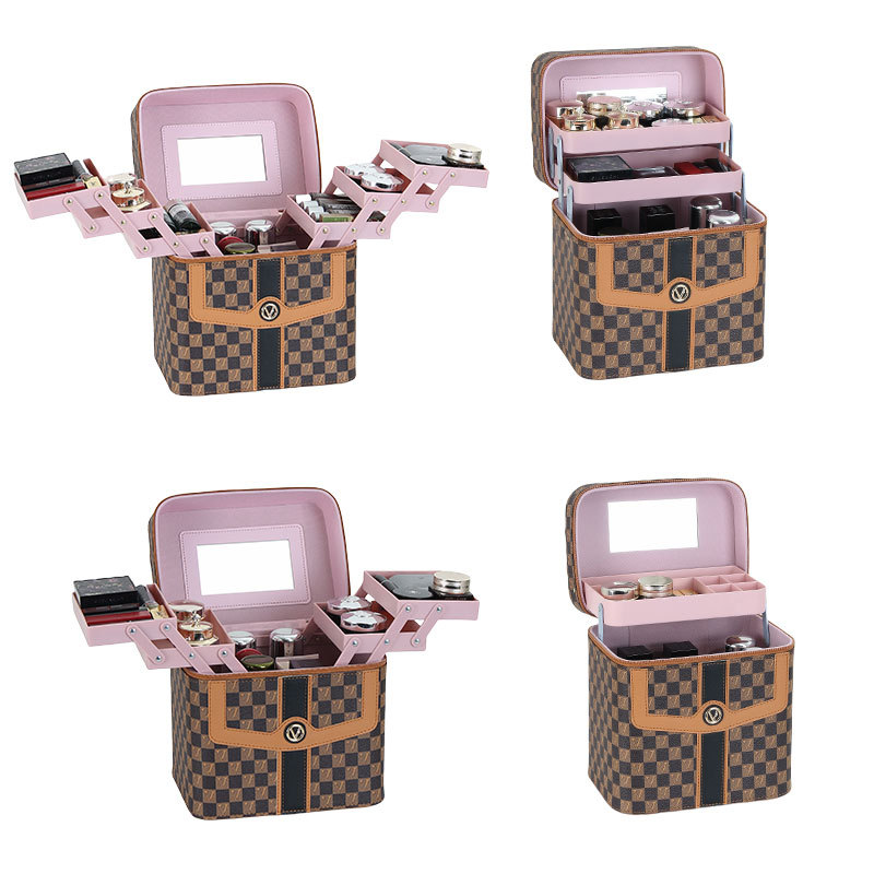 Cross-border V-shaped grid makeup box, portable skin care product storage bag, high-end women's portable multi-functional large tool box Item Picture