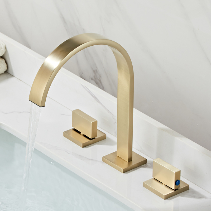 Light luxury all-copper brushed gold three-hole faucet, hot and cold face wash basin, bath cabinet faucet, washbasin, waterfall faucet full figure