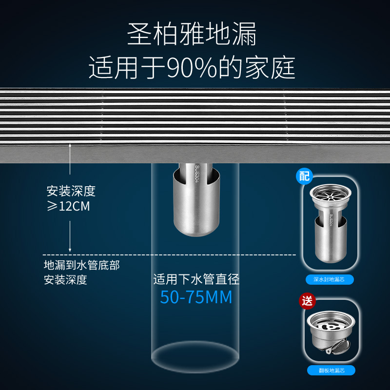 304 stainless steel long strip floor drain, hotel bathroom anti-odor floor drain, DN75 shower room rectangular floor drain details Picture