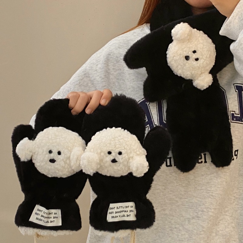 2024 New cartoon puppy plush gloves, winter warm gloves, student cycling windproof and cold-proof outdoor gloves full figure