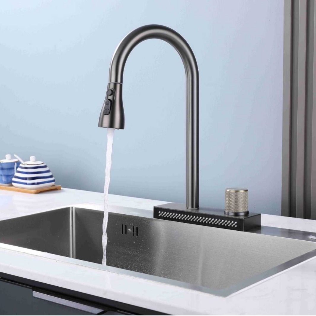 Stainless steel kitchen pull-out faucet, rain waterfall water outlet, kitchen faucet, pull-out sink, cold and hot water faucet details Picture