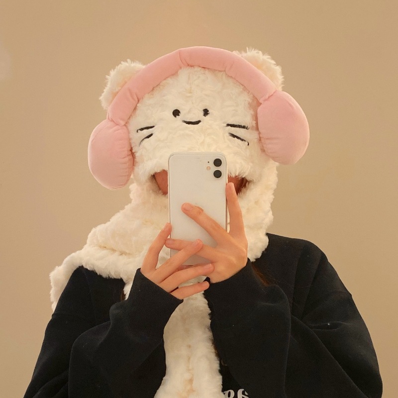 Girlish heart headphones, cat hat, women's winter scarf three-piece set, scarf, warm, windproof and ear-protecting velvet hat full figure