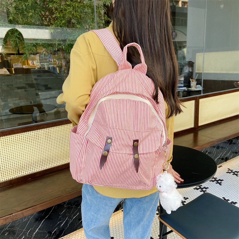 01042 Student casual backpack, simple color-blocking striped canvas bag, versatile large-capacity bag, travel backpack full figure