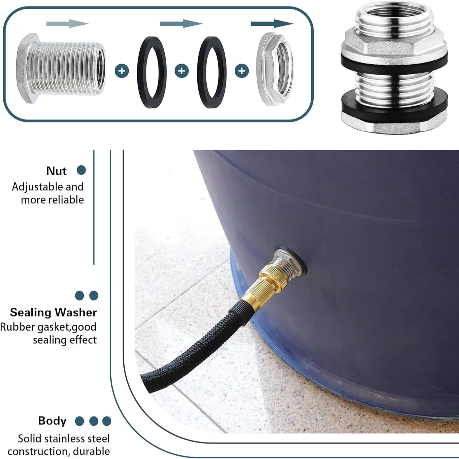 Cross-border US standard 1/2NPTX3/4GHT garden hose threaded stainless steel water tank wall accessories Application Scenario